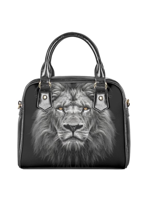 Lion Printed Satchel Handbags for Women Pu Leather Crossbody Bag Satchel Clutch Waterproof Shoulder Crossbody Top Handle Purse for Party Travel Walking, Black