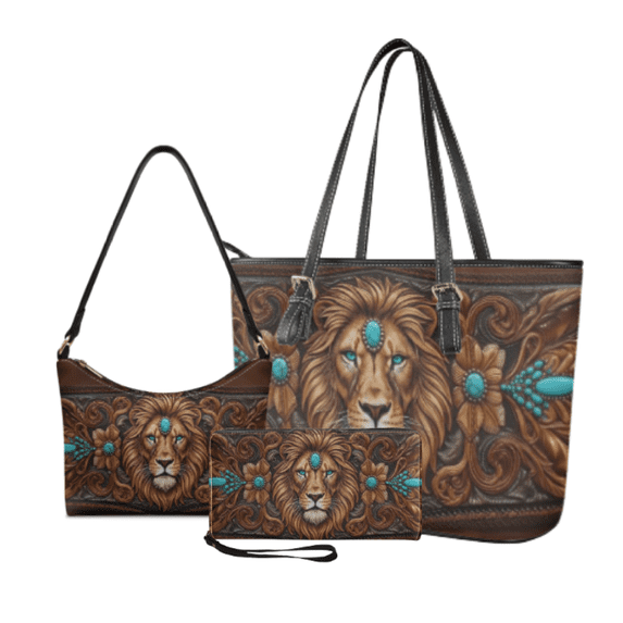 Tutolipy Lion Turquoise Tooled Style 3 Piece Tote Bag for Women, Daily Use Lightweight Sling Bag, Clutch for Office Travel