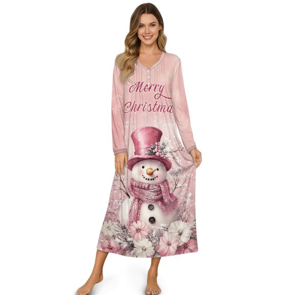 Tutolipy Long Nightgowns for Women Snowman Flower Printed Sleepwear for Women Full Length Loungewear Soft V Neck Night Dress, S
