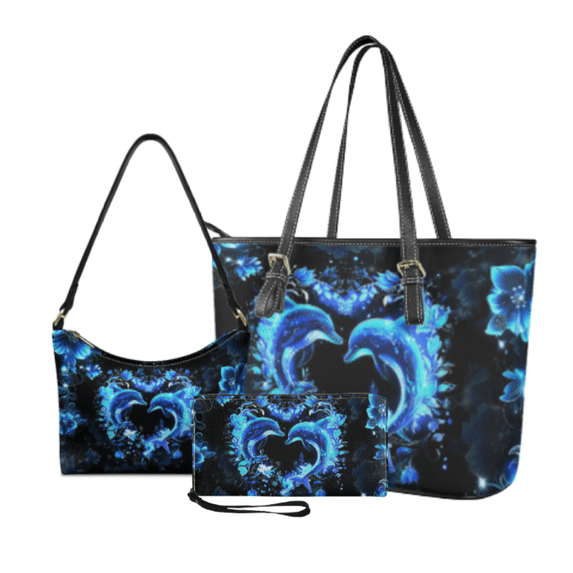 Tutolipy Loving Dolphin 3 Pieces Tote Handbag for Women, Personalized Design Portable Tote Bag, Shoulder Wallet for Work Shopping