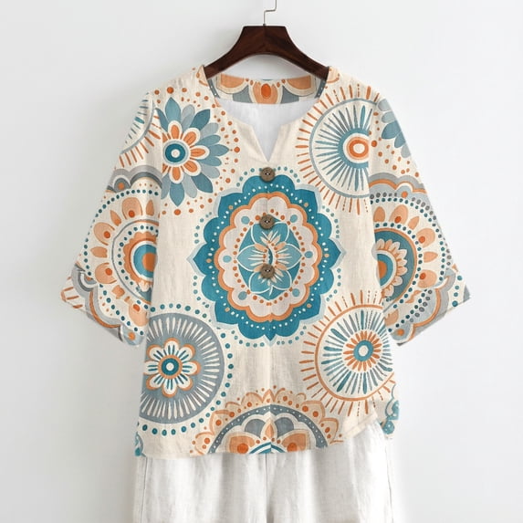Tutolipy Mandala Print Linen-Style Women’s Blouse, Linen-Like Linen-Look Women's Blouse for Daily Wear Daily Outing Coastal Style, Size X-Large