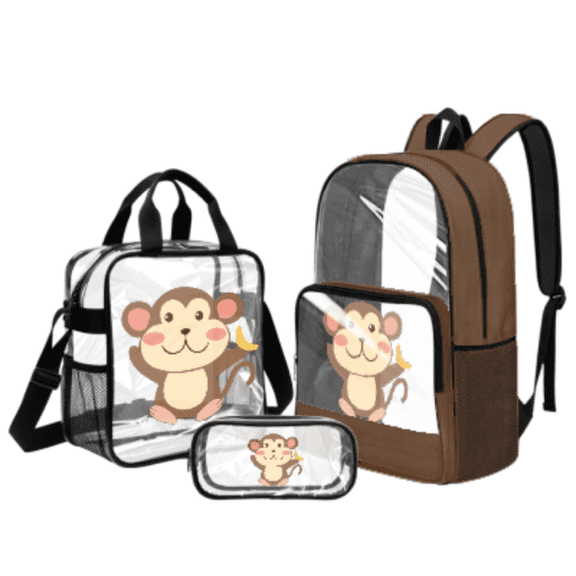 Tutolipy Monkey PVC Kids Backpack Set, with Transparent Lunch Bag Clear Backpack Pencil Case Waterproof Zipper for School College