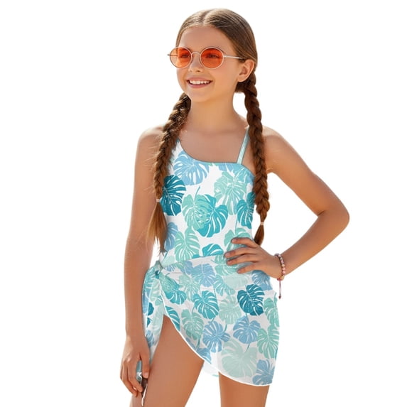 Tutolipy Monstera Leaf Print Adjustable Strap One Piece Swimsuit with Cover Up, Polyester Material Quick Dry Girls One Piece Bathing Suit for Pool 7-8 Years Old