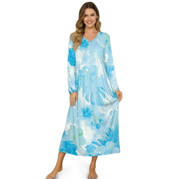 Tutolipy Monstera Printed Nightgowns for Women Plus Size Sleepwear V Neck Loungewear Long Sleeve Night Dress for Home, S