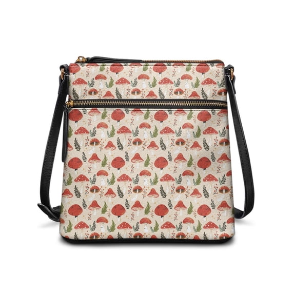 Tutolipy Mushroom and Green Leaf Pattern Sling Bag, Multiple Zipper Pockets Satchel Bag Waterproof Back Zip Pocket Crossbody Purse for Weekend Trips Daily Outings