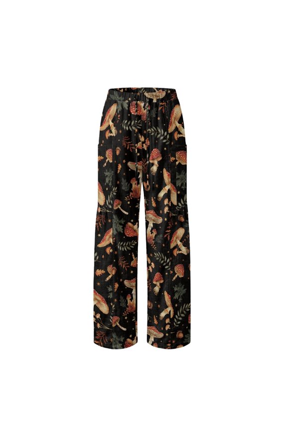 Mushrooms Forest Flora Baggy Pants, Drawstring Waist Women's Wide Leg Pants for Beach Resort Travel, Non Stretch Lightweight Women's Wide Leg Summer Pants, Size 5X-Large