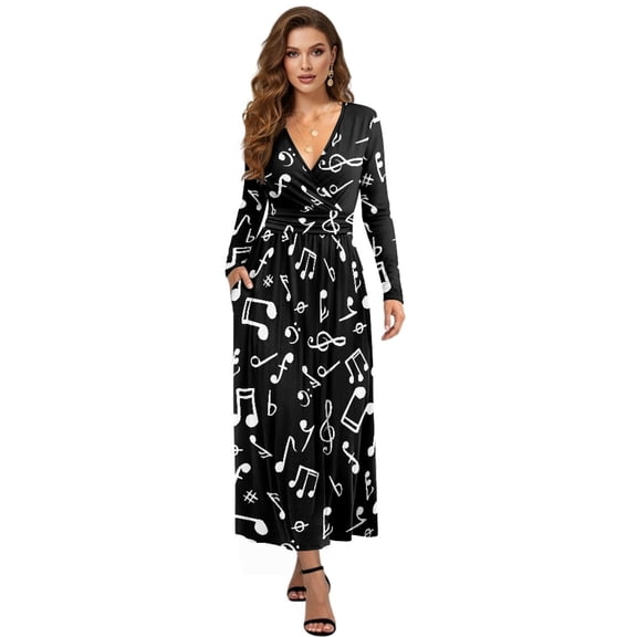 Tutolipy Musical Note Printed Dresses for Women Long Sleeve Midi Dress V Neck A Line Dress Wedding Guest Holiday Beach Long Dresses, 2XL