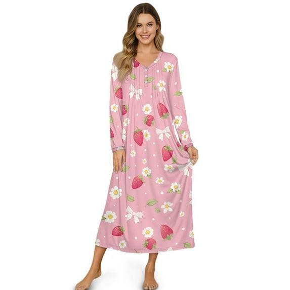 Tutolipy Nightgowns for Women Strawberry Flower Printed Sleepwear V Neck Loungewear Long Sleeve Nightshirts Comfy House Dress for Home, S