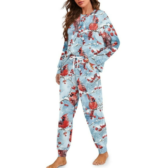 Tutolipy Northern Cardinal Printed Women's Pajama Sets Comfy Sleepwear Crewneck Pjs Set Long Sleeve Shirt and Pajama Pants Lounge Sets, 2XL