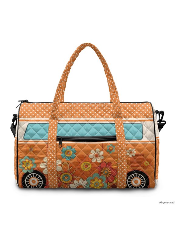 Orange Hippie Van Floral Padded Weekender Bag for Women Large Capacity Travel Tote with Adjustable Strap Zipper Pocket Airplane Carry On Overnight Gym Handbag
