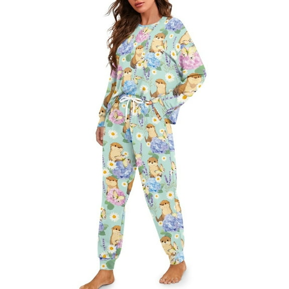 Tutolipy Otter Floral Printed Pajamas for Women Set Cozy Sleepwear Crewneck Loungewear with Jogger Pants Soft 2 Piece Pjs Set, 2XL