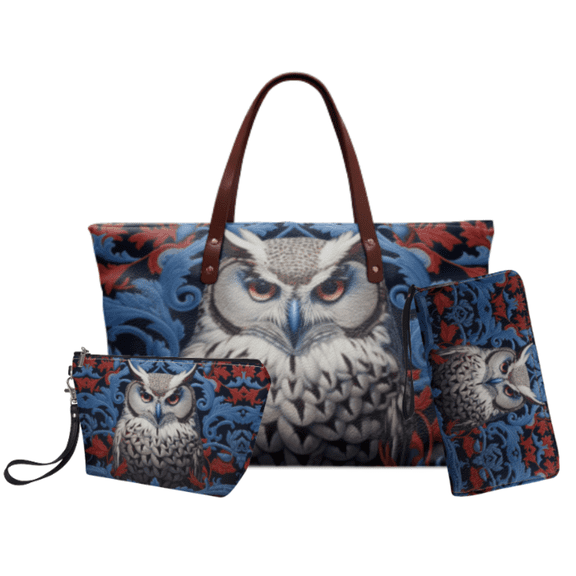 Tutolipy Owl Floral Pattern 3 Pcs Handbag Set for Ladies, Shoulder Bag, Handheld Long Purse with Large Capacity Carry Handbag for Outdoor