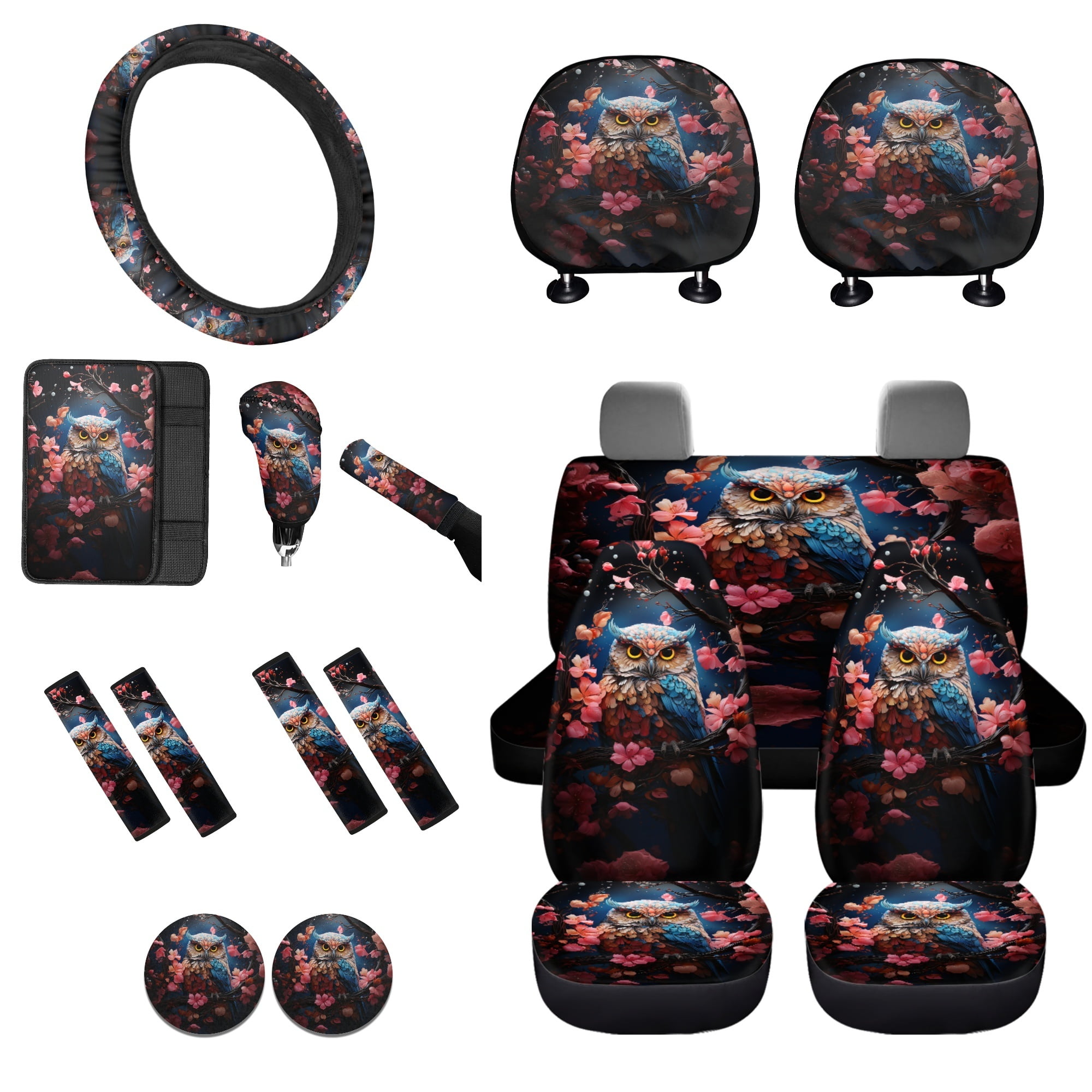 Tutolipy Owl Flower Printed Car Seat Cover Set of 16, Soft Front Rear Seat Cover for Cars, Steering Wheel Cover Seat Belt Pads Car Armrest Cover, Universal Fits for Most Cars SUV Vehicles Truck Sedan