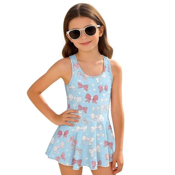 Tutolipy Pastel Bow Heart Pattern Girls One Piece Swimsuit with Skirt, Wide Straps Comfort Bathing Suit for Beach, Size 3-4 Years