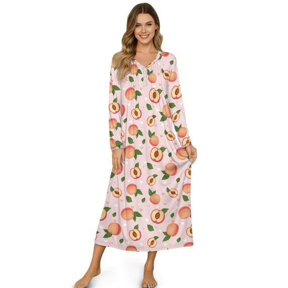 Tutolipy Peach Printed Women's Long Sleeve Nightgown V Neck Sleepwear Full Length Loungewear Comfy Pajama Dress for Home, S