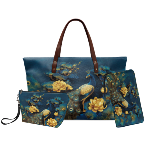 Tutolipy Peacock Flower Design 3 Pack Handbag Set for Ladies, Makeup Storage Bag, Waterproof Makeup Bag with Practical Cosmetic Bag for Outdoor