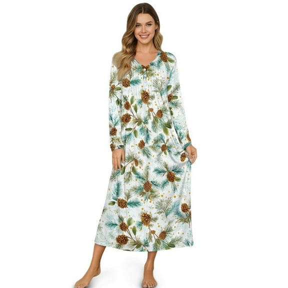 Tutolipy Pinecone Printed Nightgowns for Women V Neck Sleepwear Long Sleeve Loungewear Full Length Night Dress for Home, S