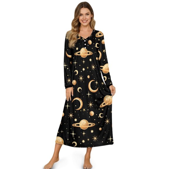 Tutolipy Planet Printed Women Nightgowns Long Sleeve Sleepwear Moon Star Printed Loungewear V Neck Loungewear Lightweight Nightshirts for Home, XL