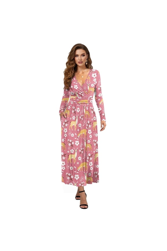 Plus Size Dresses for Women Elk Cherry Blossom Printed Maxi Dresses Long Sleeve A Line Dress V Neck Midi Dress with Pockets, 3XL