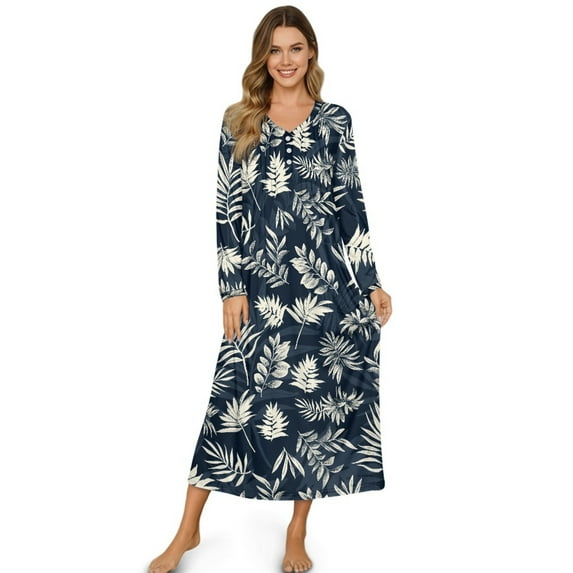 Tutolipy Plus Size Nightgowns for Women Leaf Printed Sleepwear V Neck Loungewear Long Sleeve Pajama Dress for Fall Winter, XL