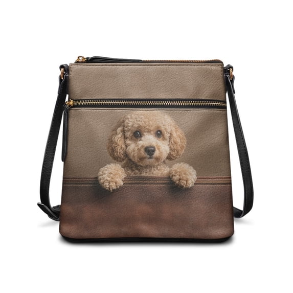 Tutolipy Poodle Puppy Design Crossbody Bag, Durable Zipper Closure Ladies’ Leather Crossbody Shoulder Bag PU Leather Waterproof Sling Bag for Daily Life Dating