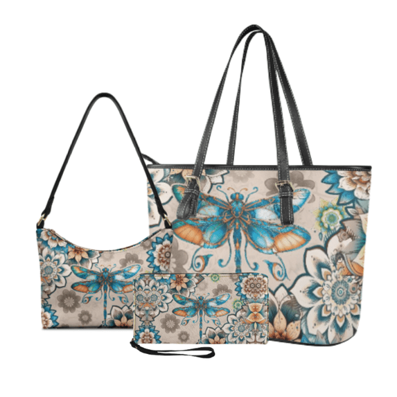 Tutolipy Purse and Wallet Set for Women, with Fashionable Purses Lightweight Shoulder Bag Underarm Shoulder Bag, 3 Piece Flower Dragonfly