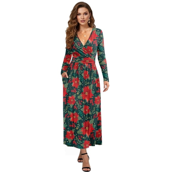 Tutolipy Red Floral Printed Womens Dresses Flowy Casual Midi Dress V Neck A Line Dress Maxi Dresses for Wedding Guest Holiday, 2XL