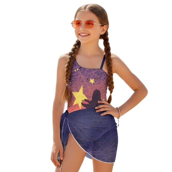 Tutolipy Removable Bra Girls' One-Piece Swimsuit with Adjustable Shoulder Straps and Mesh Cover Up, Polyester Material Mesh Cover Ups 13-14 Years Old