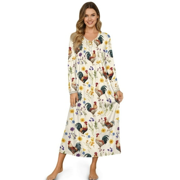 Tutolipy Rooster Floral Printed Women Nightgowns Plus Size Sleepwear V Neck Loungewear Long Sleeve Night Dress for Home, 2XL