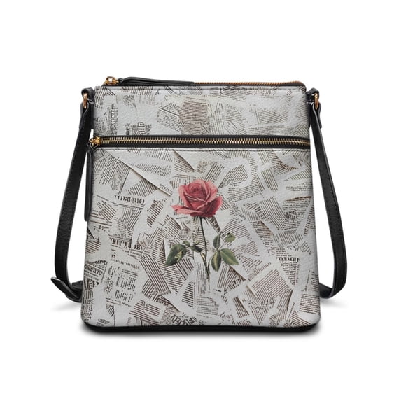 Tutolipy Rose Newspaper Pattern PU Leather Crossbody Purse Crossbody Bag, Waterproof Durable Satchel Bag Spacious for Daily Outing Dating
