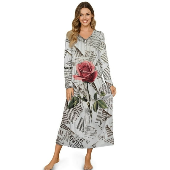 Tutolipy Rose Printed Nightgowns for Women Comfy Loungewear V Neck Sleepwear Long Sleeve Nightshirts for Fall Winter, XL