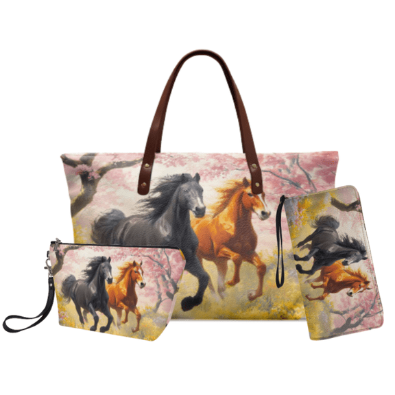 Tutolipy Running Horses Print 3 Pack Makeup Bag Set for Ladies Stylish Exclusive Portable Cosmetic Pouch Handheld Daily Purse for Holiday Daily Commute