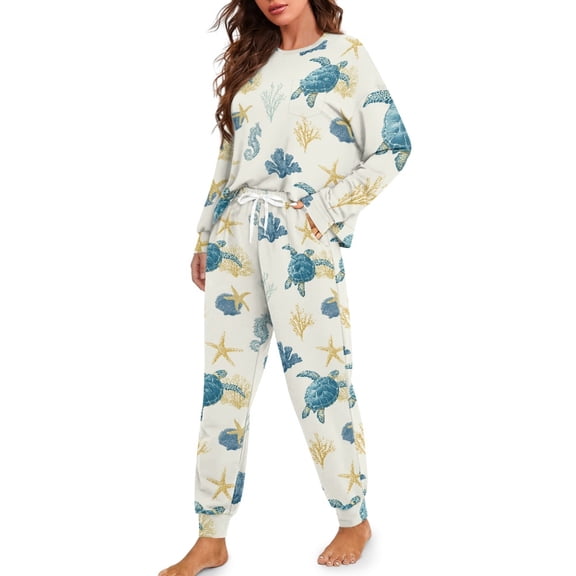 Tutolipy Sea Turtle Starfish Printed Pajamas for Women Button Down Loungewear Comfy 2 Piece Pjs Set Long Sleeve Sleepwear with Pockets, XL