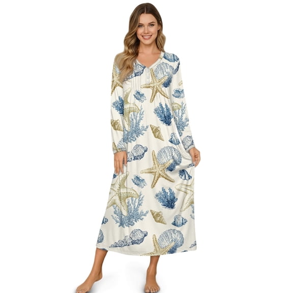 Tutolipy Shell Starfish Printed Nightgowns for Women Long Sleeve Sleepwear V Neck Loungewear Breathable House Dress for Home, 2XL