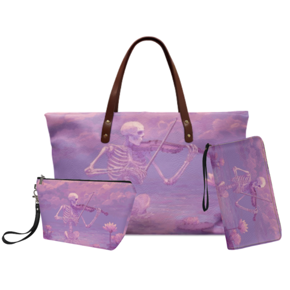 Tutolipy Skeleton Violinist Print 3 Pack Portable Handbag Set for Ladies, Durable Waterproof Cosmetic Pouch for Daily Daily Commute Outdoor