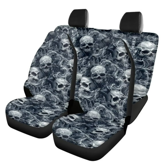 Tutolipy Skull Print Car Seat Cover Full Set, Breathable Front Seat Rear Backrest Cover Soft Rear Bottom Bench Cover Universal Car Interior Accessories, Set of 4