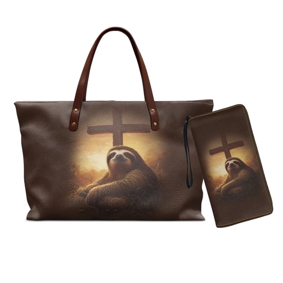 Tutolipy Sloth Cross Print 2PCS Tote Handbag Set for Women, Ladies, Portable Tote Bag with Matching Purse Mini Wristlet Purse PU Leather Shoulder Handbag for Daily Use, Brown