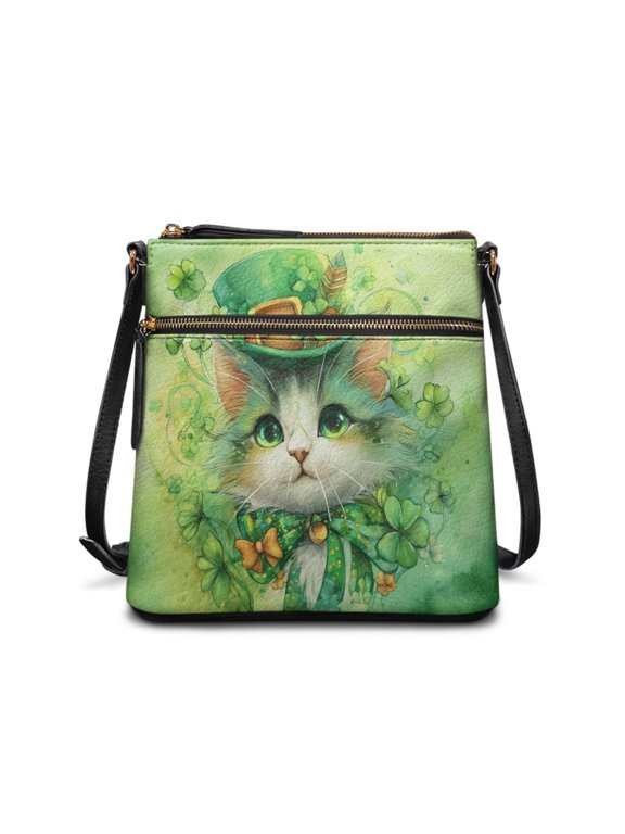 Smooth Zipper Closure Leather Shoulder Purse for Dating Daily, PU Leather Durable Zipper Handbag, St Patrick's Cat Clover