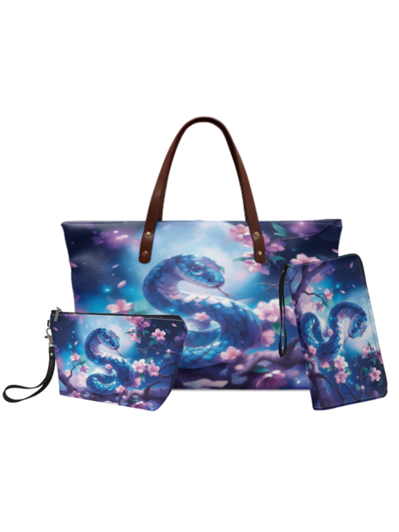 Snake Cherry Blossom Design 3 Pack Shoulder Bag Set for Ladies, Large Capacity Waterproof Makeup Bag with Portable Wrist Purse for Daily