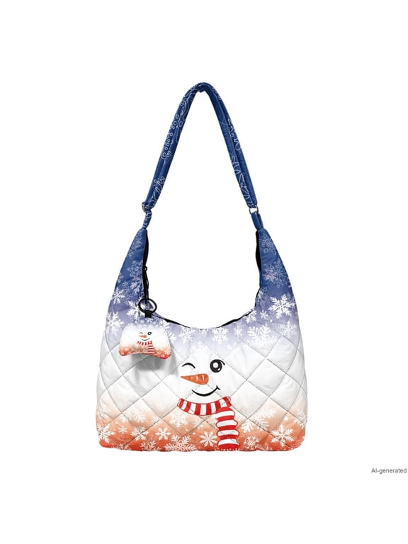 Snowman Gradient Padded Hobo Bag Adjustable Strap Crossbody Purse with Matching Mini Pendant Large Capacity Tote for Winter Christmas Shopping Daily Use Ideal Gifts