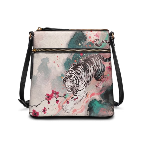 Tutolipy Spacious Sling Bag for Dating Travel, Adjustable Shoulder Strap Waterproof Satchel Bag, Chinese Tiger Watercolor Blossom Print
