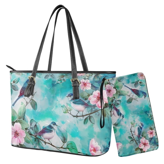 Tutolipy Sparrow Cherry Blossom Printed Handbag,Womens Shoulder Handbag Sets Work Tote Bag,Large Leather Satchel Purse with Wallet for Vacation Shopping