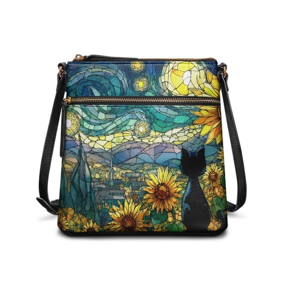 Tutolipy Stained Glass Cat Sunflower Women's Shoulder Crossbody Bag Purse Satchel, Waterproof Spacious Sling Bag Lightweight for Daily Use Dating