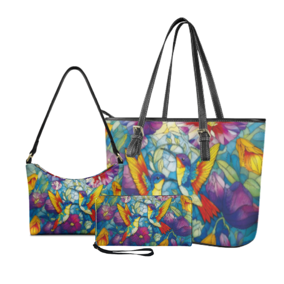 Tutolipy Stained Glass Hummingbird 3 Piece Tote Bag for Women, Daily Use Wristlet Purse, Large Capacity Lightweight Underarm Shoulder Bag for Travel
