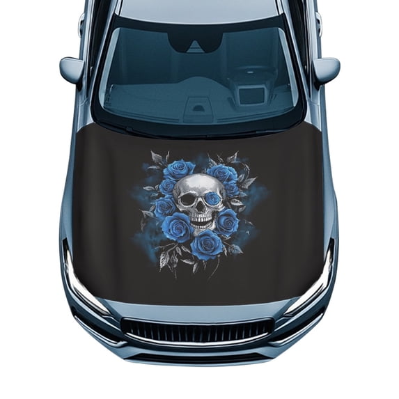 Tutolipy Strap Reinforcement Car Hood Cover for Van SUV Pickup, Decorate Elastic Stretch Fabric Skull and Rose Design Car Hood Cover Protector