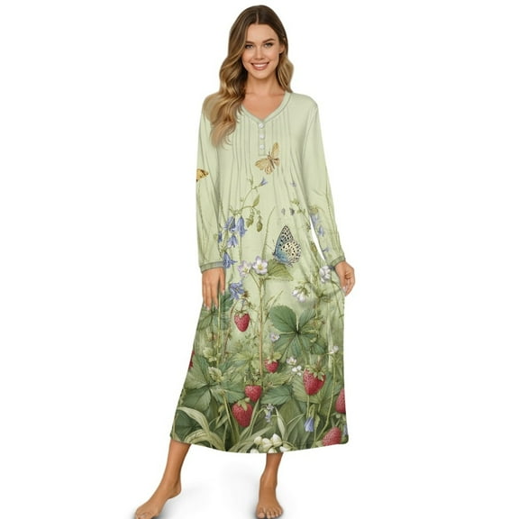 Tutolipy Strawberry Printed Nightgowns for Women Butterfly Floral Printed Sleepwear V Neck Loungewear Full Length Night Dress, XL
