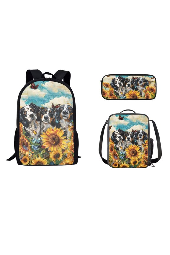 Sunflower Printed School Backpack Set for Boys Girls, Bernese Mountain Dog Backpack and Lunch Bag Set with Pencil Pouch for Teens, Junior High School Students, Yellow