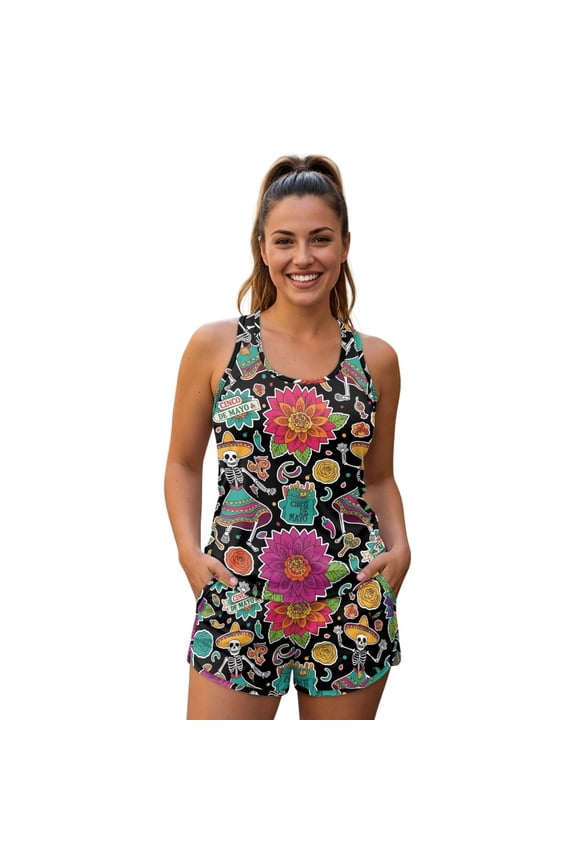 Tank Top Shorts Outfit, Skeleton Fiesta Pattern Bathing Suit Quick Dry Dual Pockets for Beach Vacation, Size Large