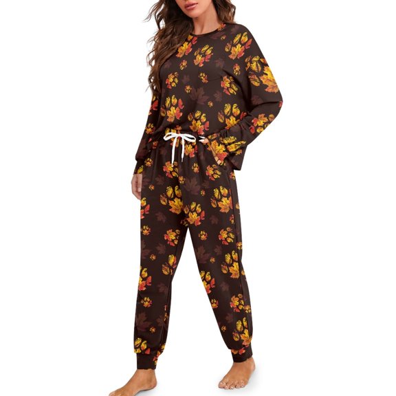 Tutolipy Thanksgiving Pajamas for Women Set Dog Paw Printed Sleepwear Maple Leaves Print Loungewear Long Sleeve Tops Jogger Pants Pajama Sets, XL