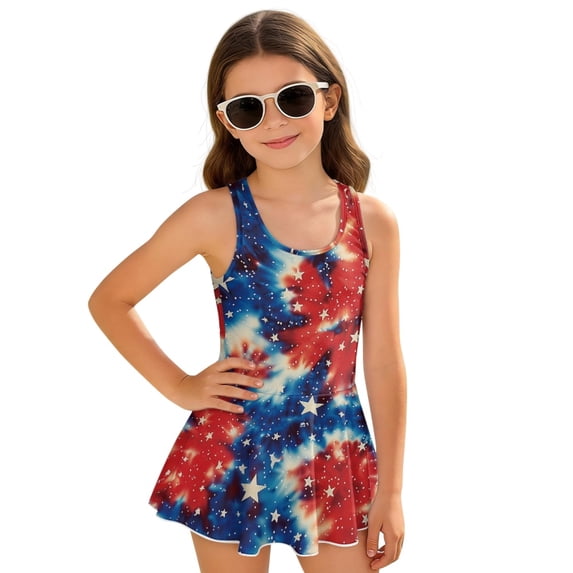 Tutolipy Tie-Dye American Flag Star Pattern Girls One Piece Swimsuit with Skirt, Soft Bathing Suits Dresses, Built-in Liner for Beach, Size 6-7 Years